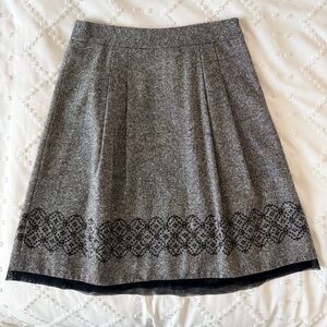 LOFT Gray A-Line Wool-Blend Skirt with Black Embroidered Hem